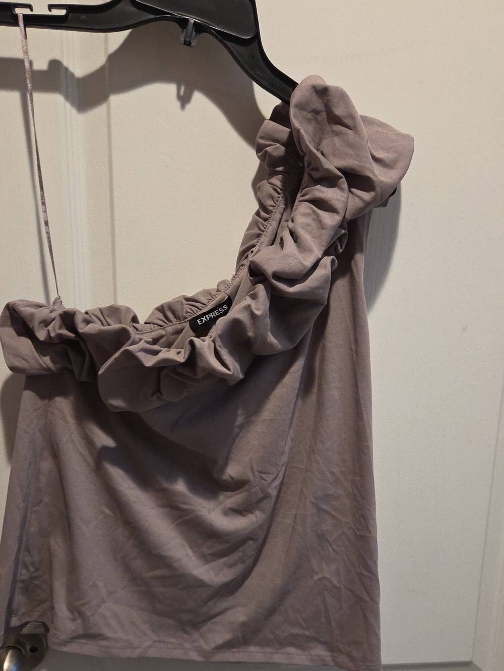 Express One-Shoulder Ruffle Top in Taupe